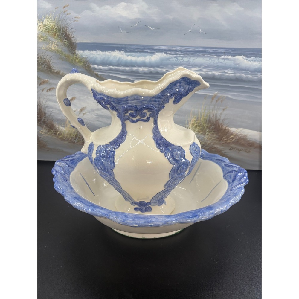 Vintage Maureen 1980 Signed Blue and White Ceramic Pitcher and Wash Basin Set